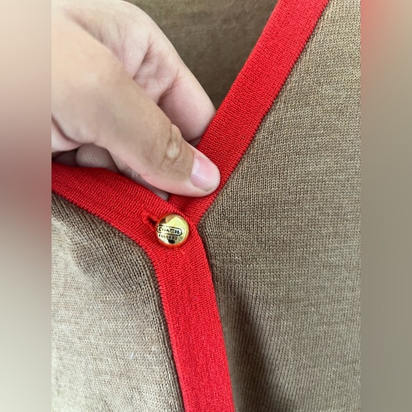 Coach Wool Tan With Red Trim Button-Up V-Neck Knit Cardigan Sweater Size Small - Picture 4 of 8